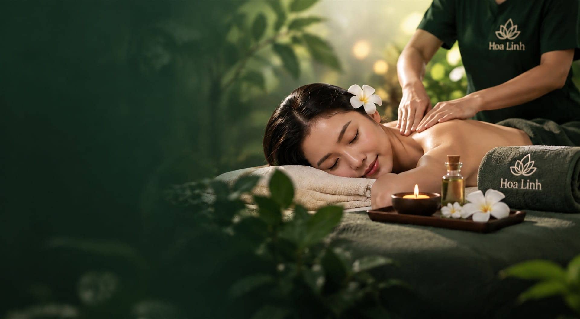 Ánh nắng chiều lọt qua rèm vào phòng trị liệu của Spa Hoa Linh, sắc xanh thảo mộc và be ấm