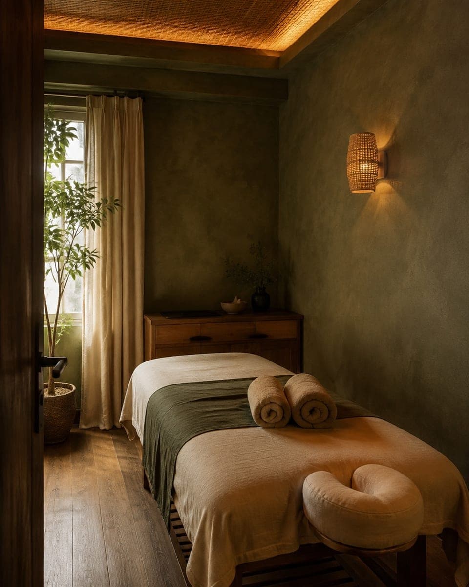 Phòng trị liệu riêng, ánh đèn xanh ấm và cây xanh đặt cạnh giường massage